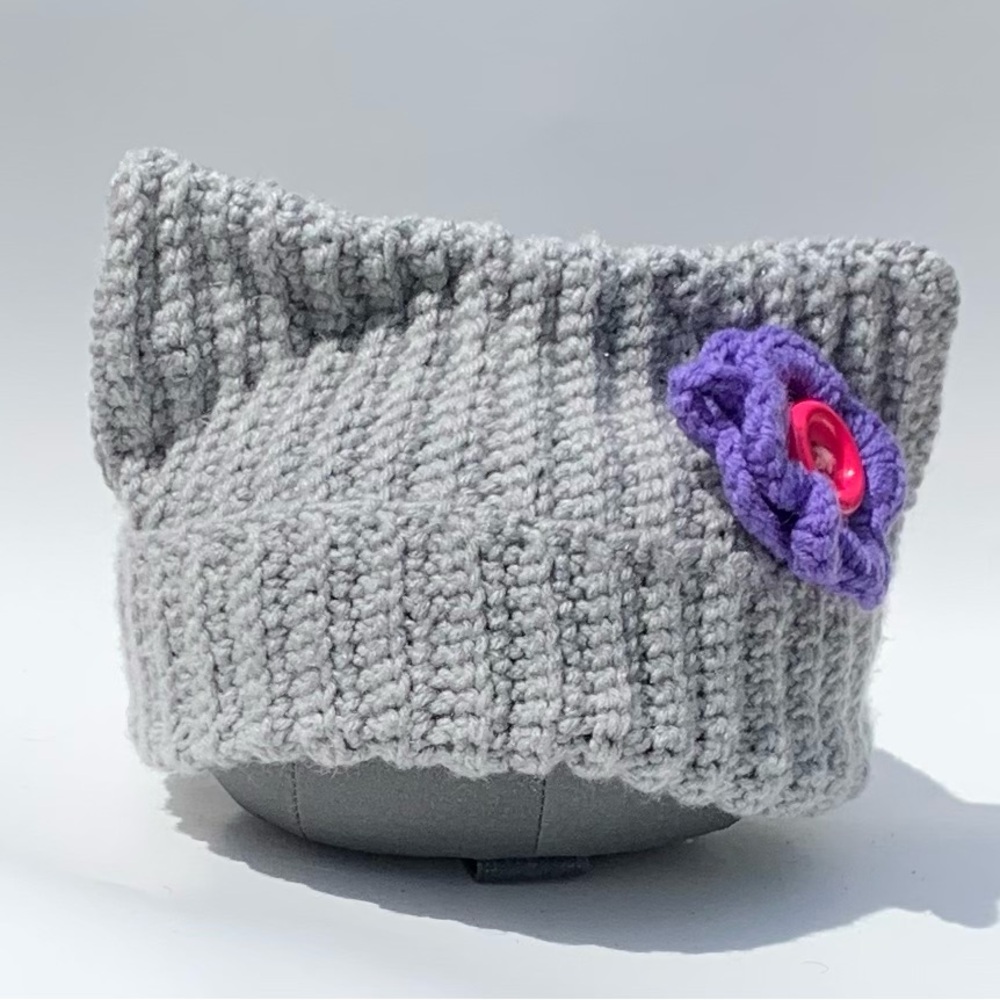Gray Knitty Kitty Hat with Purple Flower Accent